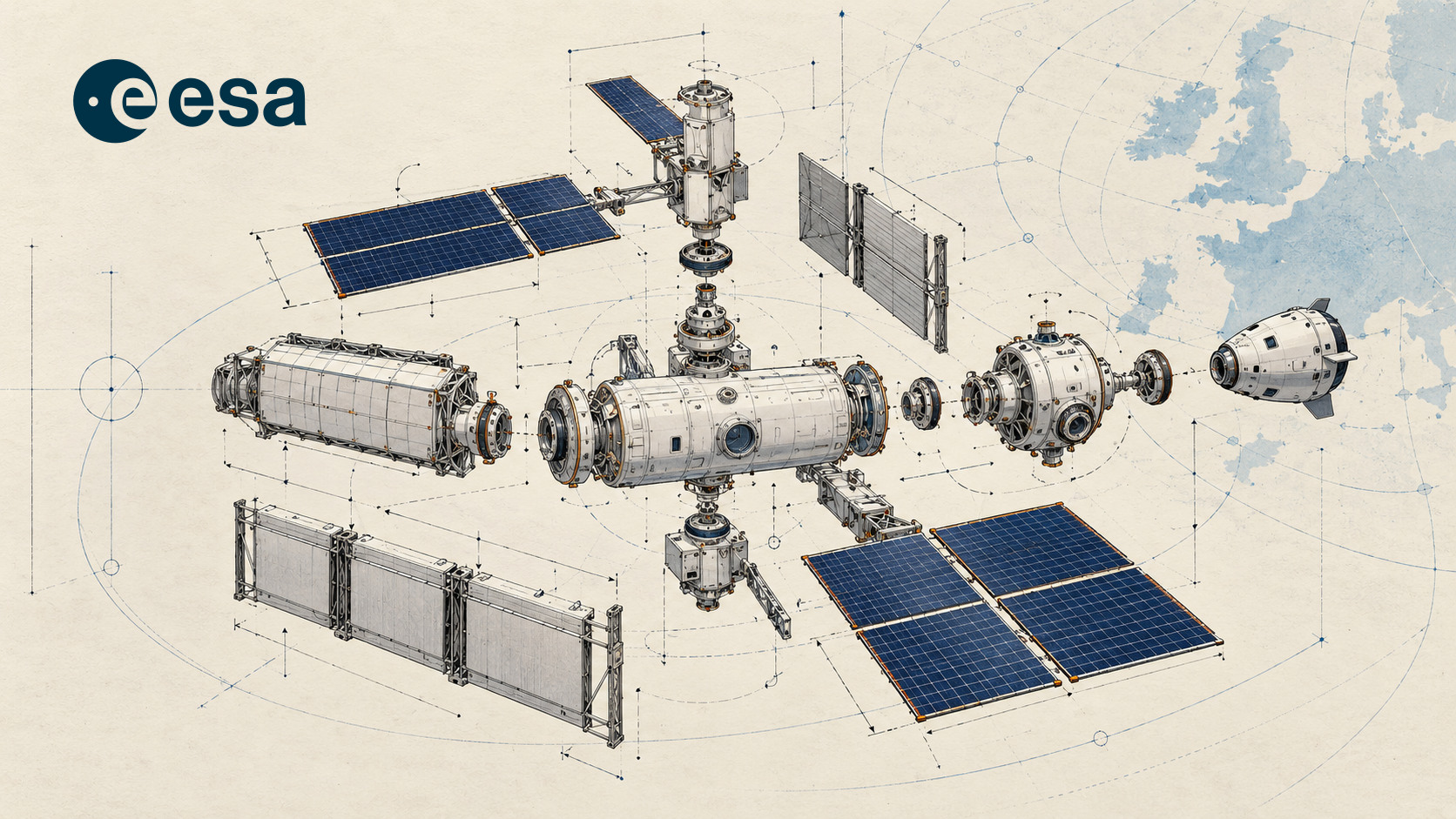 Editorial illustration of an exploded modular European space-station design on a technical drawing, with the ESA logo.