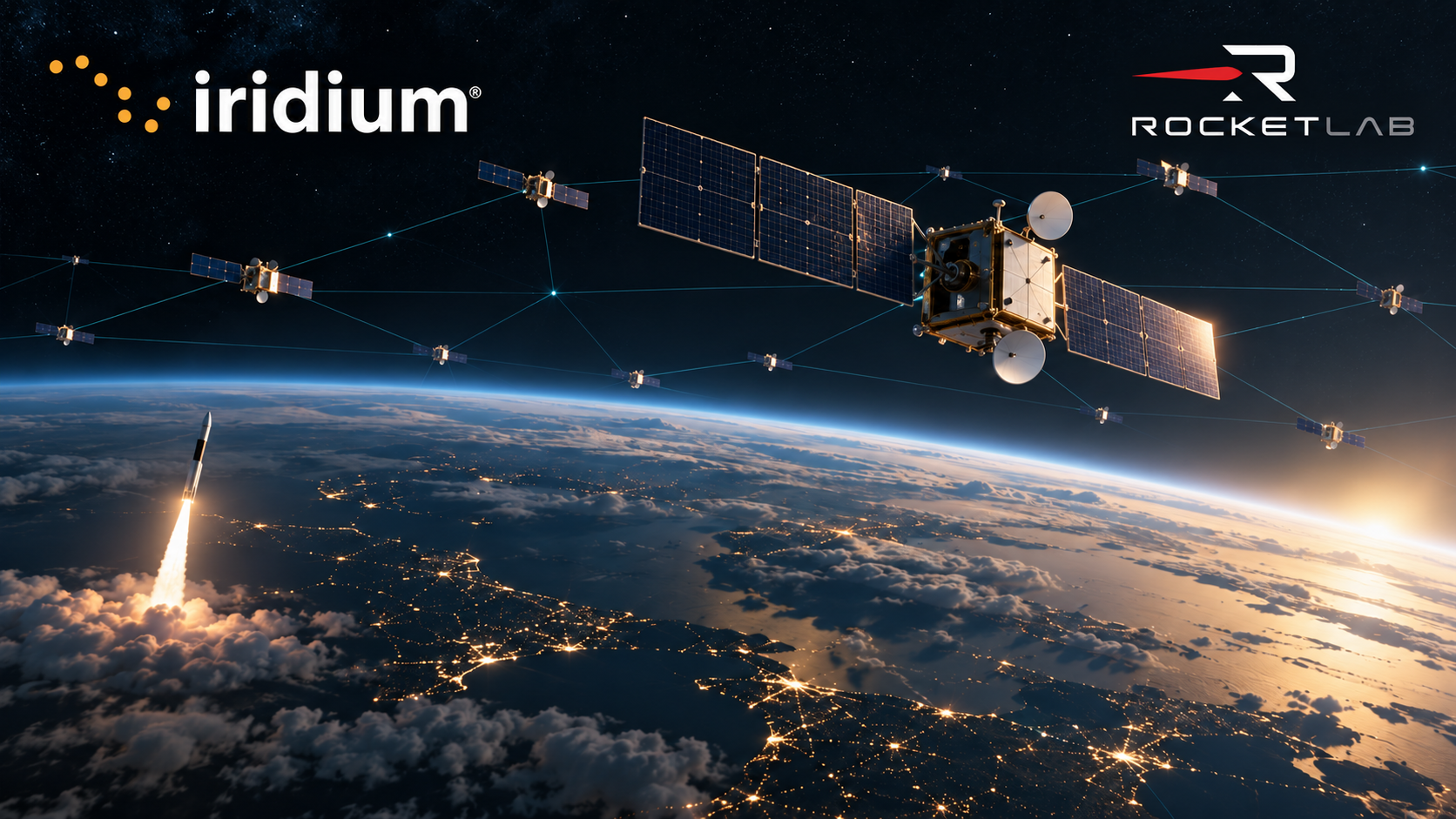 Iridium and Rocket Lab logos above an illustration of satellites orbiting Earth and a rocket launching.