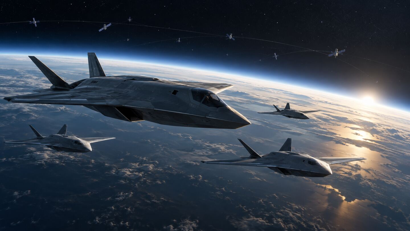 Conceptual crewed and autonomous aircraft flying beneath a distributed satellite constellation above Earth