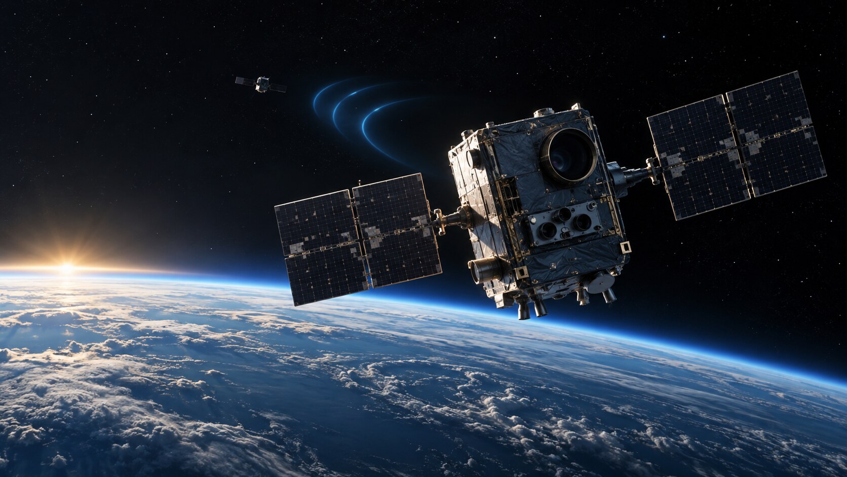 Editorial concept image of a military satellite operating above Earth, representing orbital space-control capabilities.
