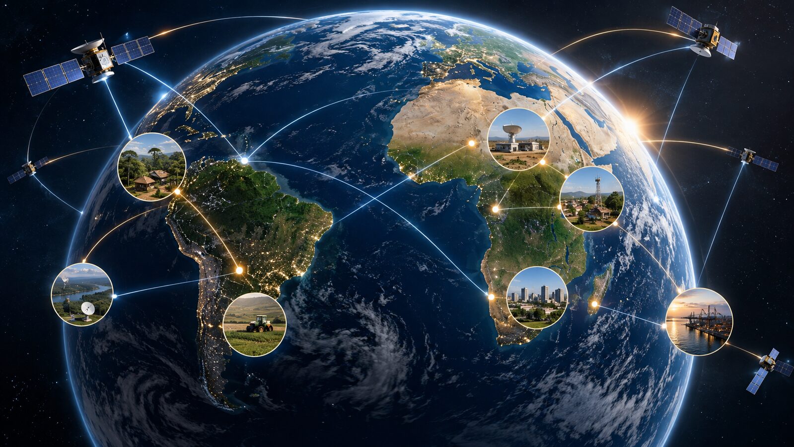 Editorial illustration of Earth, satellites and connectivity links joining communities across Africa and South America.