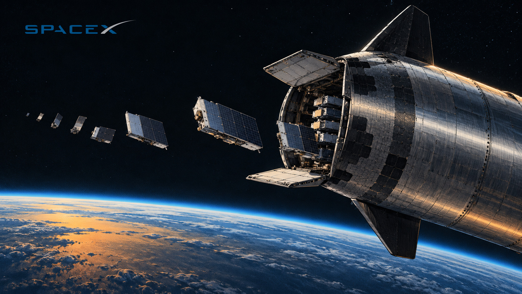 Editorial illustration of a SpaceX Starship deploying Starlink satellites above Earth, with the SpaceX wordmark at upper left.
