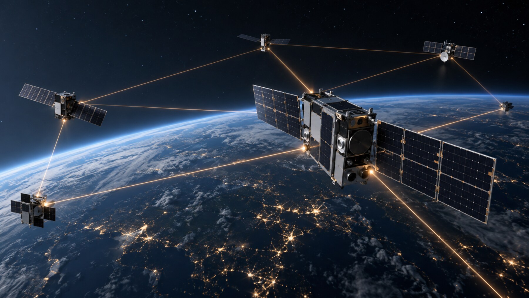 Conceptual illustration of interconnected satellites forming an optical data network above Earth