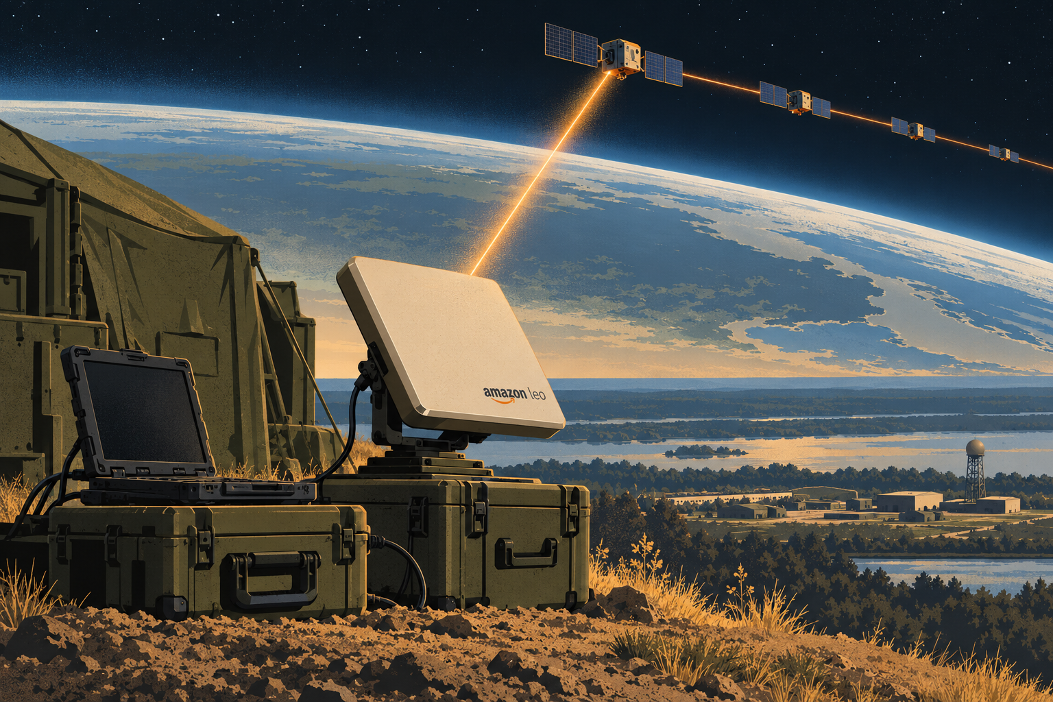 Editorial illustration of a rugged field laptop and Amazon Leo flat-panel antenna connecting to a chain of satellites above Earth.