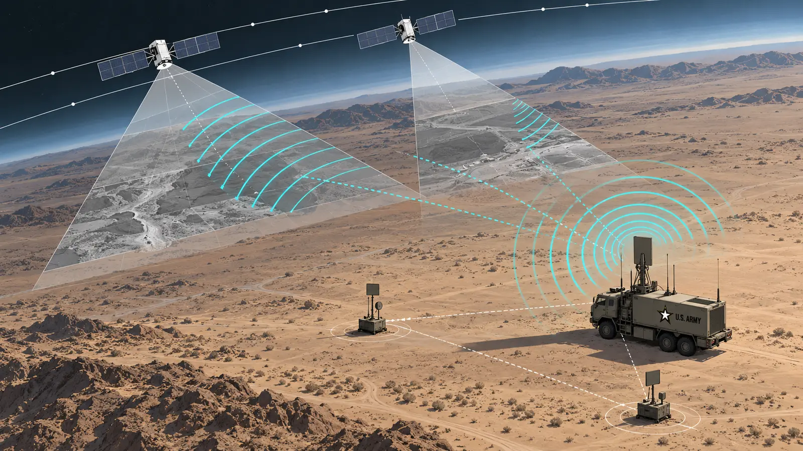 Editorial illustration of U.S. Army mobile electronic-warfare systems using cyan interference patterns beneath two remote-sensing satellites over a desert training range.