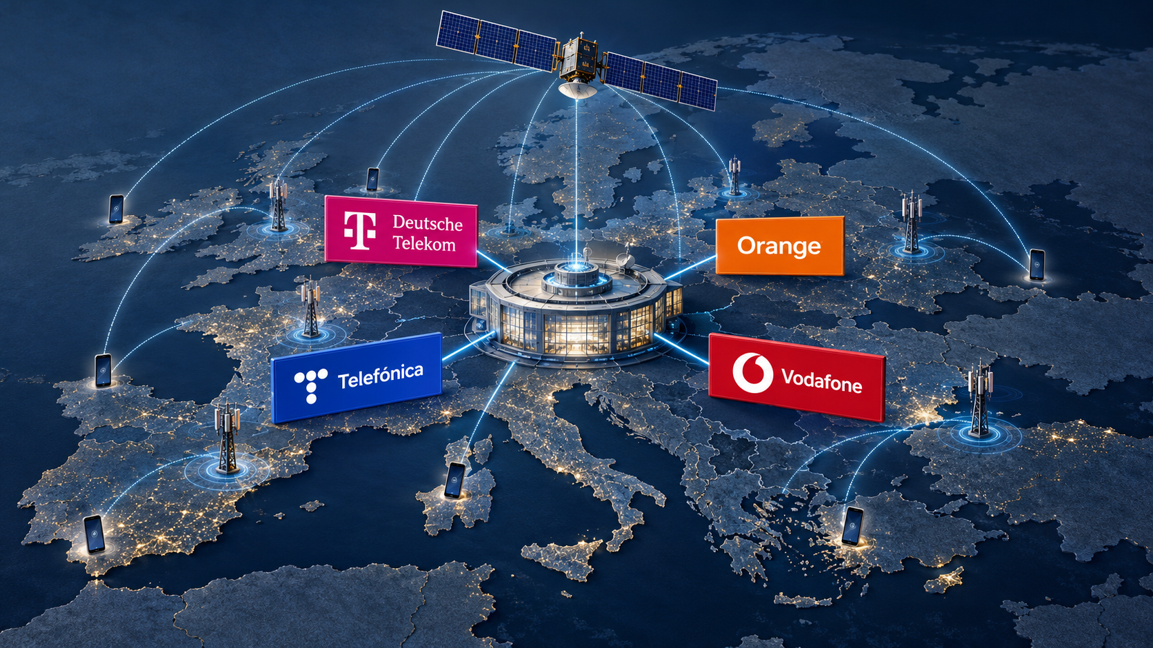 Editorial illustration of Europe linked by satellite direct-to-device signals, with Deutsche Telekom, Orange, Telefónica and Vodafone branding.