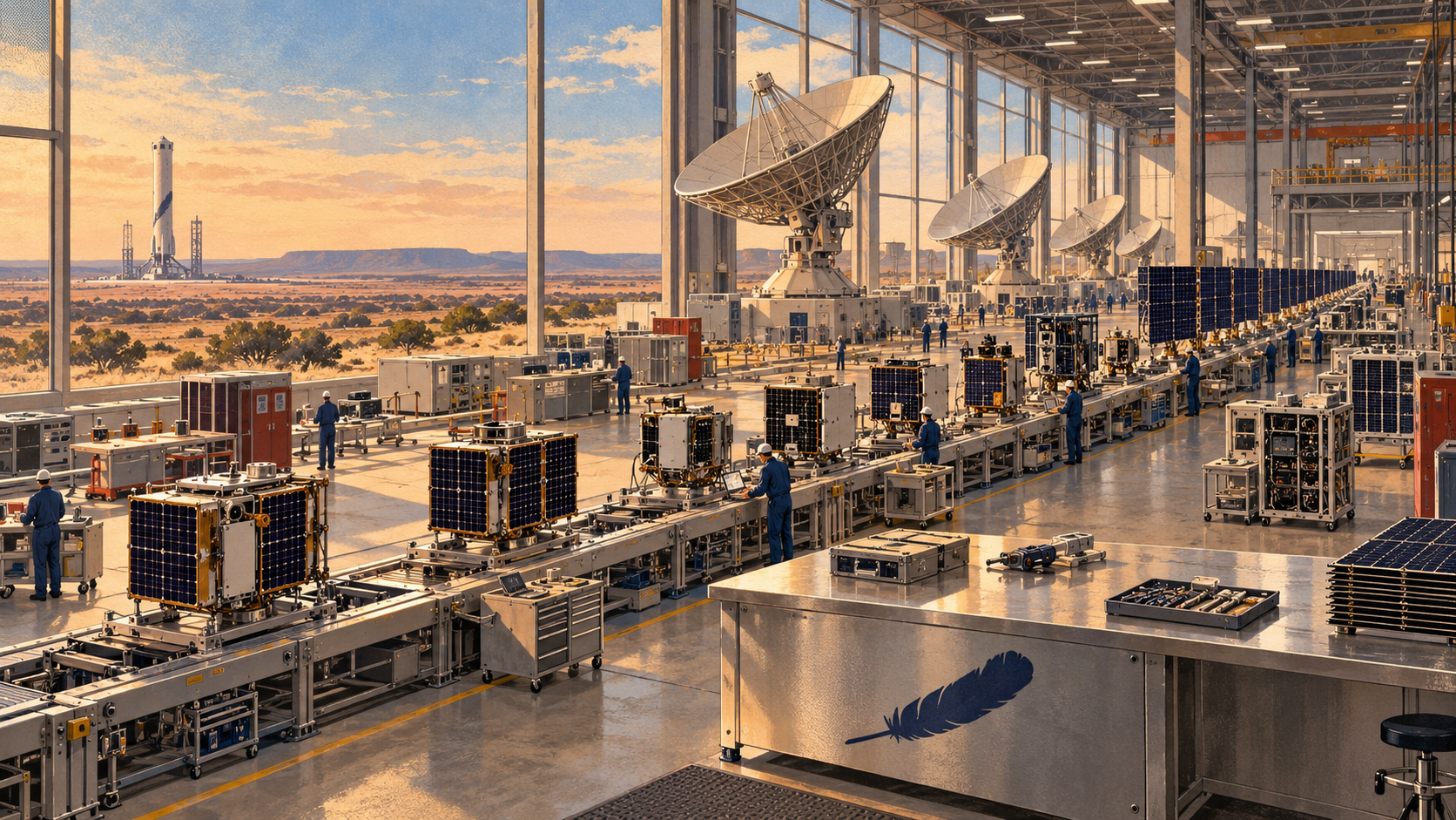 Editorial illustration of a Blue Origin satellite factory in Texas, showing spacecraft assembly lines, ground antennas and the company’s feather logo on a workbench.