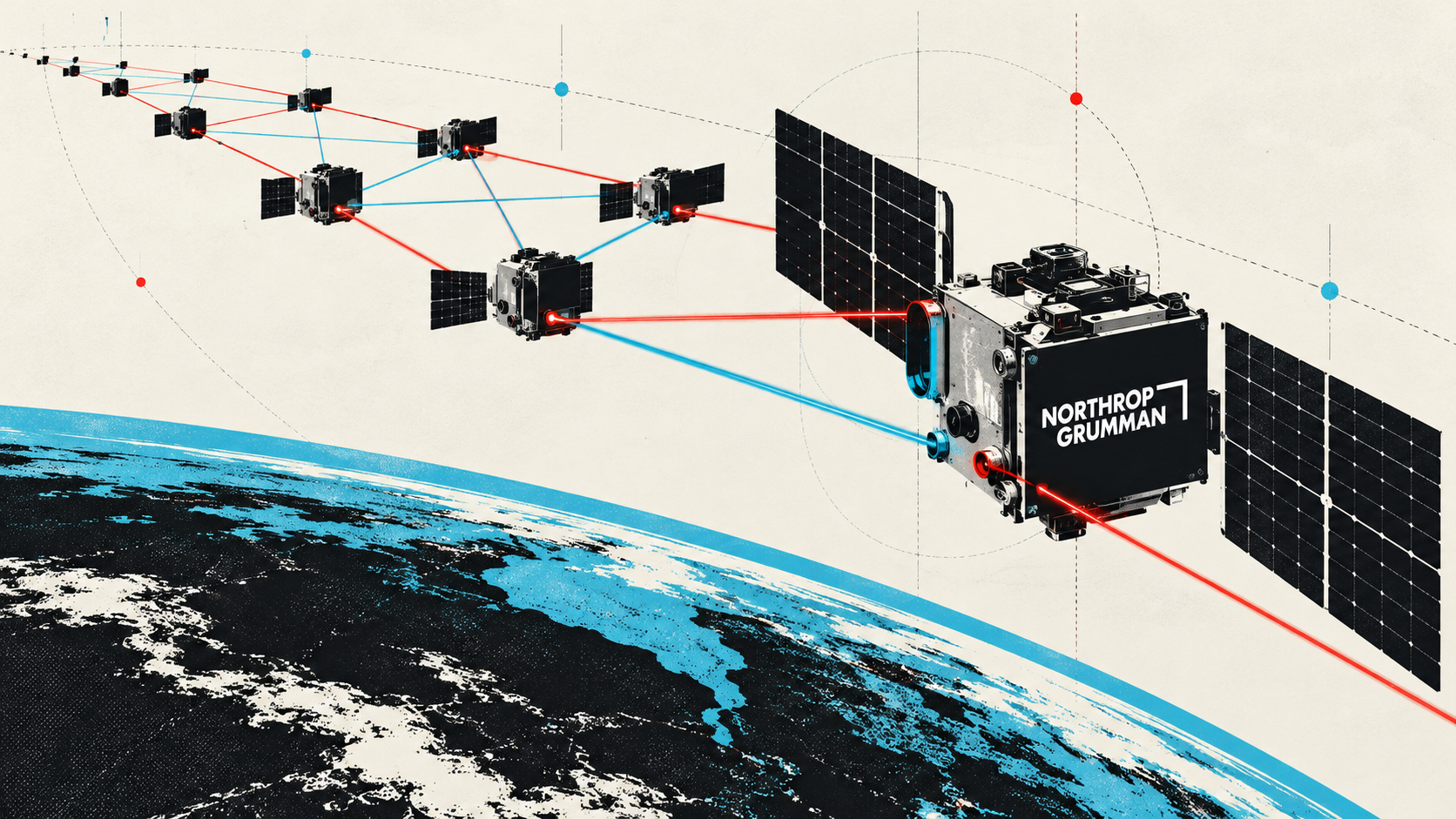 Editorial illustration of Northrop Grumman communications satellites linked by red and blue laser paths above Earth.