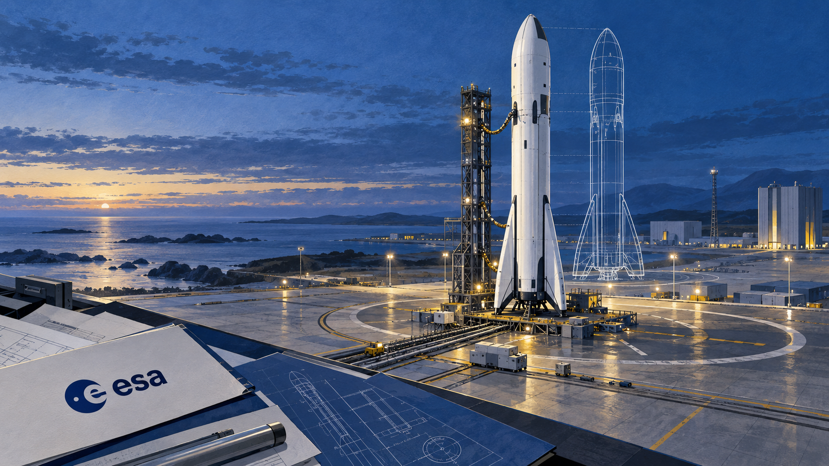 Editorial illustration of a proposed European reusable heavy-lift rocket beside a blueprint outline at a coastal launch site, with an ESA-branded folder in the foreground.