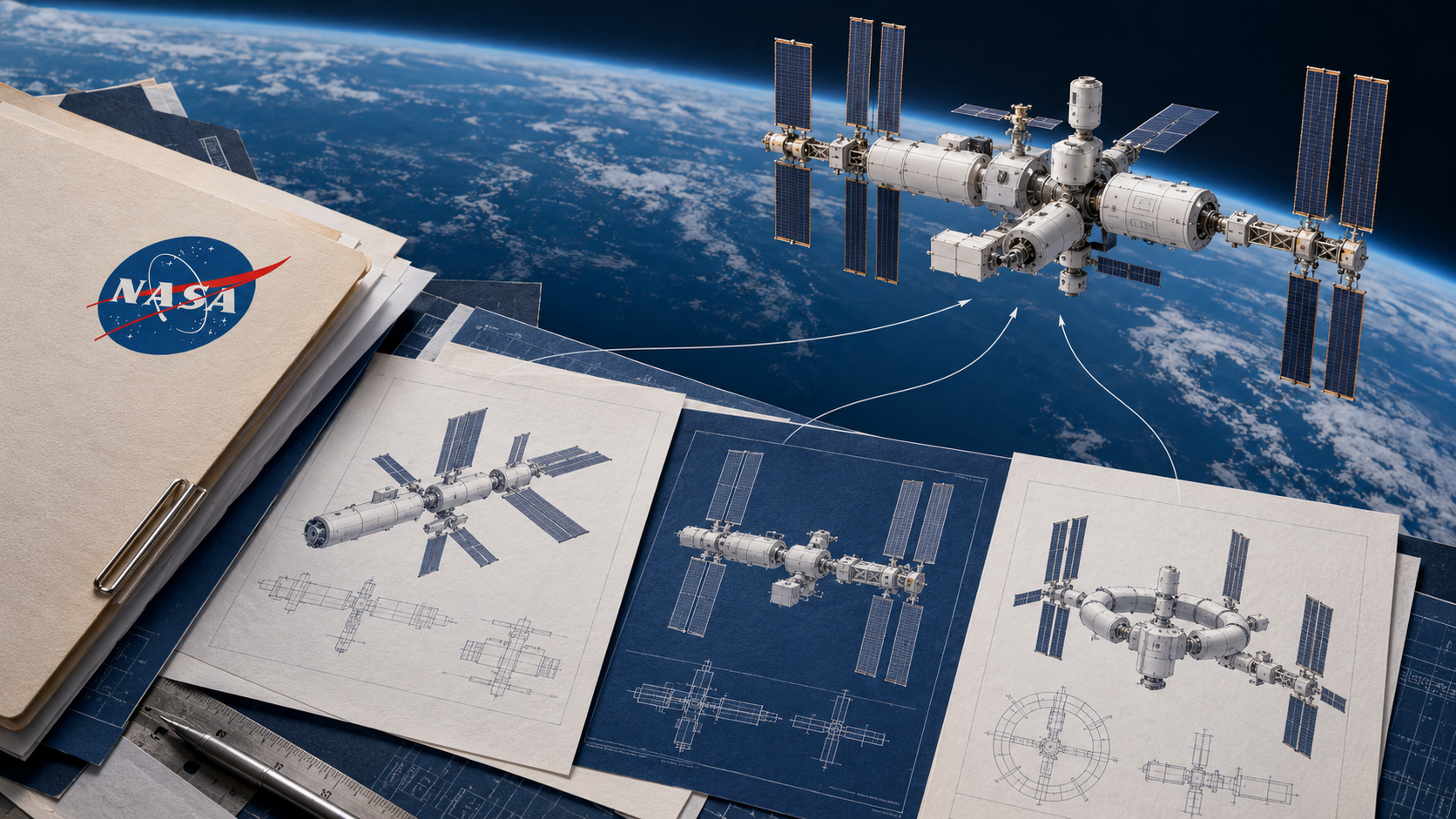 Editorial illustration of a NASA procurement folder, commercial space-station design blueprints and a modular station above Earth.