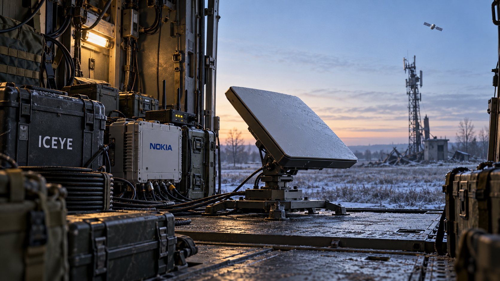 Editorial illustration of rugged ICEYE and Nokia satellite communications equipment inside a mobile shelter overlooking a winter field and damaged telecom mast.