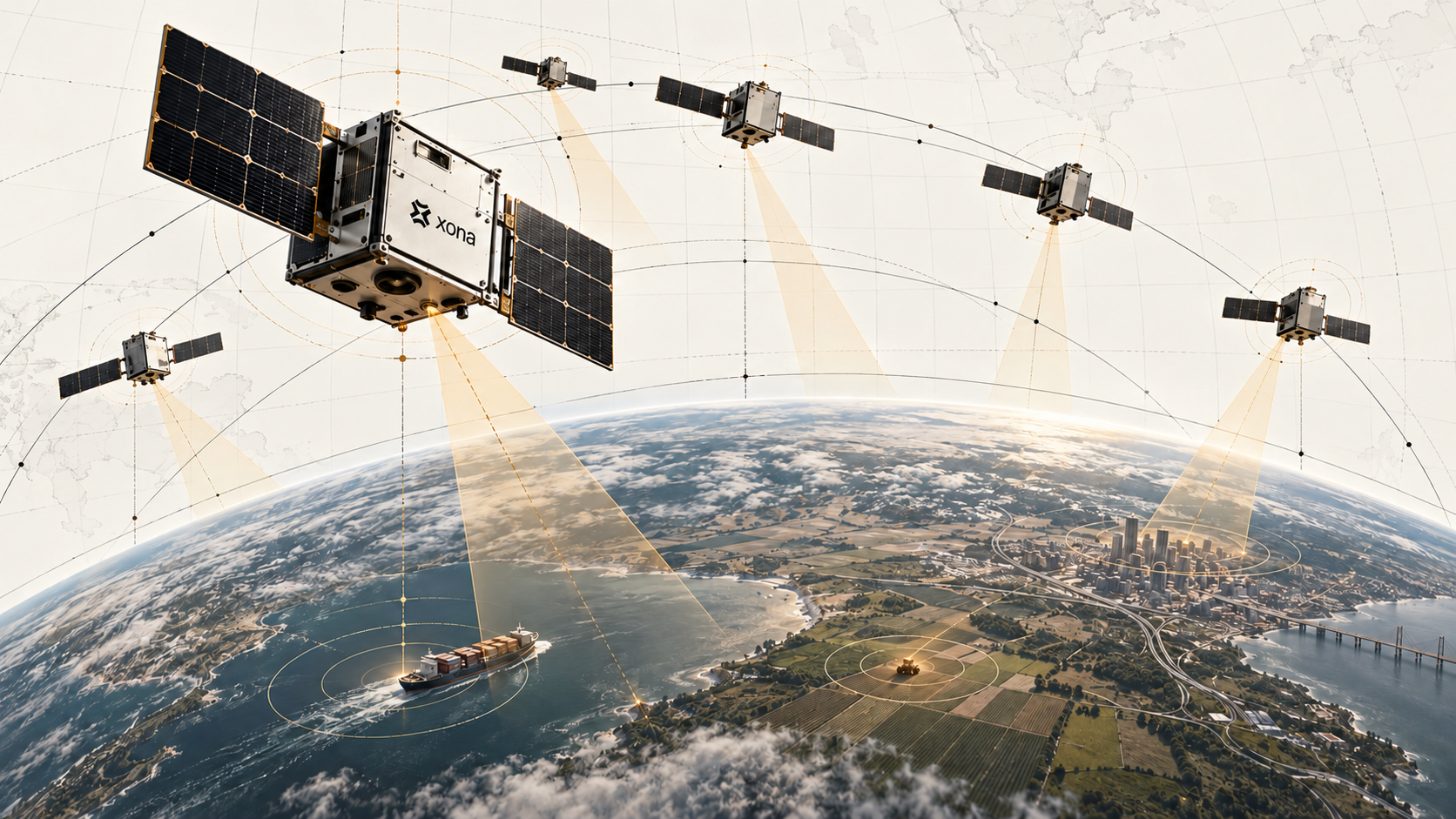 Editorial illustration of six Xona Pulsar satellites transmitting navigation signals to a ship, farmland and a city below.